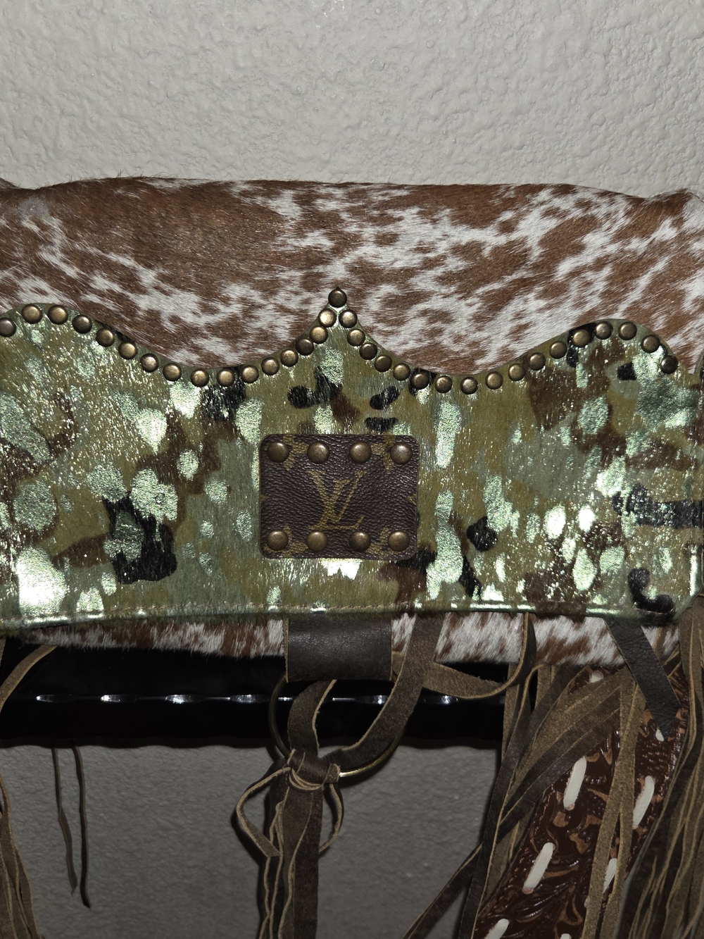 Metallic Green Cowhide Crossbody Bag with Fringe - Upcycled LV Patch